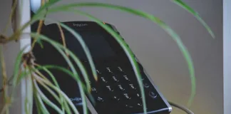 A traditional machine rests on a shelf beside a plant, showcasing modern technology with a touch of nature and epic fax integration.