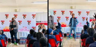 Sanitary pad campaign works to restore dignity and confidence in young girls Addressing learners from Nyiko Primary, Maanda Milubi, Director Enterprise and Supplier Development, Tiger Brands (left) and Freddie Masike from Tiger Brands’ premium bread brand, Albany (right)