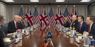Defense Secretary Pete Hegseth and British Defense Secretary John Healey participate in a bilateral exchange at the Pentagon, March 6, 2025.