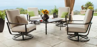 Modern patio with cushioned swivel lounge chairs and a square metal table, designed for luxury outdoor dining at restaurants, wineries, and upscale residential spaces.
