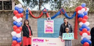 Schools ARTopia Arts Project 2025 winners celebrated Principal of Toybox School Ms Shaik, Liberty Midlands Mall Marketing Manager Ronael Seyambu and winner of Category 2 Anesu Ngcobo