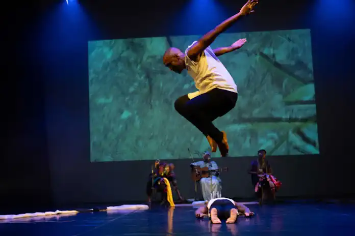 Nkanyiso Mbatha (on floor) and Mfundiseni Ndwalane in "Sisukaphi?" which won the JOMBA! Live Open Horizons Pick of the Platform Award at the Elizabeth Sneddon Theatre on 28 August.