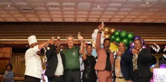 Wild Coast Sun turns up the fun for 44th birthday (left to right): Cheers to 44 years of Wild Coast Sun entertainment with Sous Chef, Godfrey Setwe; Wilbert Maponga, VIP personal Host; Gaming Manager, Mark Ferguson, Marketing Manager, Cynthia Dumakude, Katlego Maboe (Emcee); Resort General Manager, Henry Tshegetso Boekhouer; and Rosemary Cele Surveillance & Security Manager