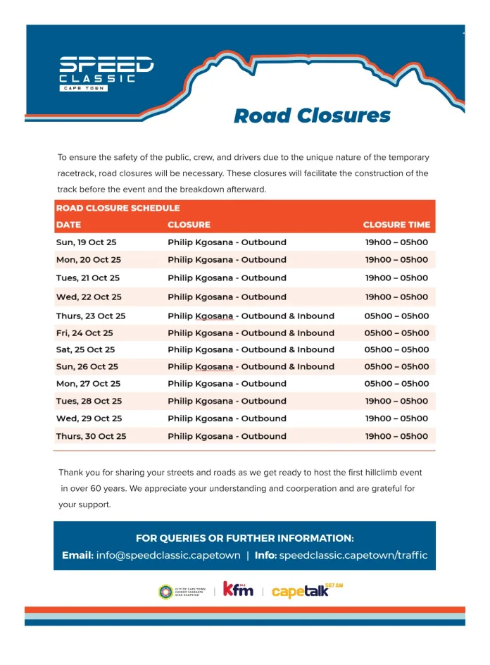 Speed Classic Cape Town road closures and event parking