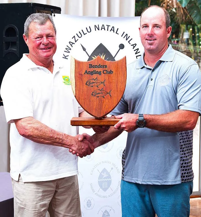 Barry Wareham congratulates Morgan Lynch, winner of the Benders Angling Club Shield as the top Individual Angler of the Year across all divisions and both formats. Morgan earned this title through consistent performance and the highest accumulated rank points over the year.