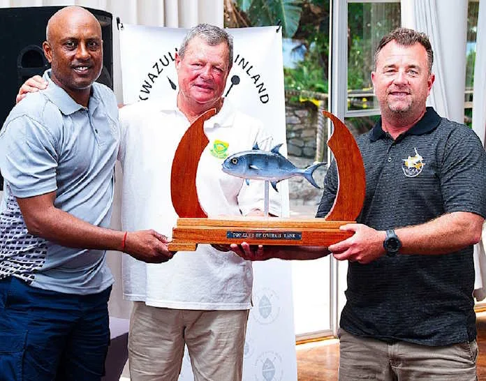 Barry Wareham congratulates NCAA Common Venue Captain, Dion Govinder and Postal Captain, Wesley Peens on winning the Leviathans Angling Club Trophy, awarded to the Top Ranked Club overall across both formats.
