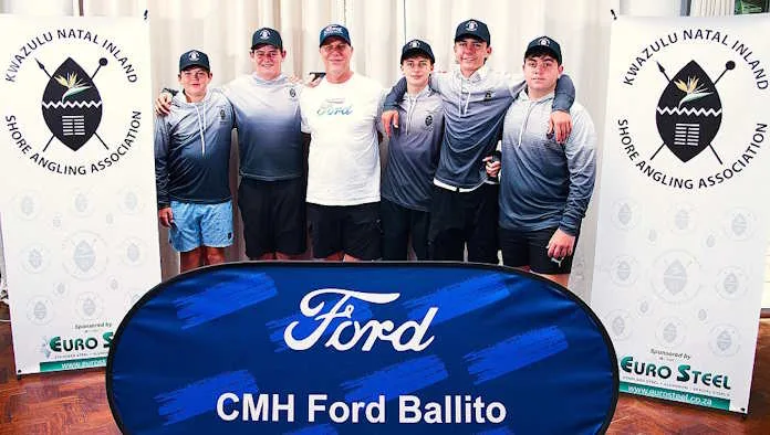 The KZNISAA U16 National Team selected to represent the association at the 2026 National Tournament in Border, January 2026. Pictured (L-R): Matt Coetzee, Jordan Heyns, Matthew Buck (CMH Ford Ballito – main sponsor), Luca Pantone, Keegan Eybers, and Jeanu Fivaz.