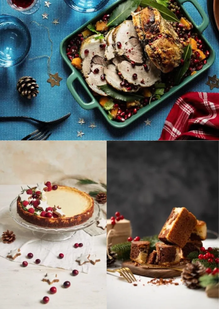 Top : High-resolution image of confit turkey by rawpixel.com and available via Freepik Bottom two pics: High-resolution image of malva pudding (right) by denamorado via Freepik and cheesecake (left) by wirestock via Freepik