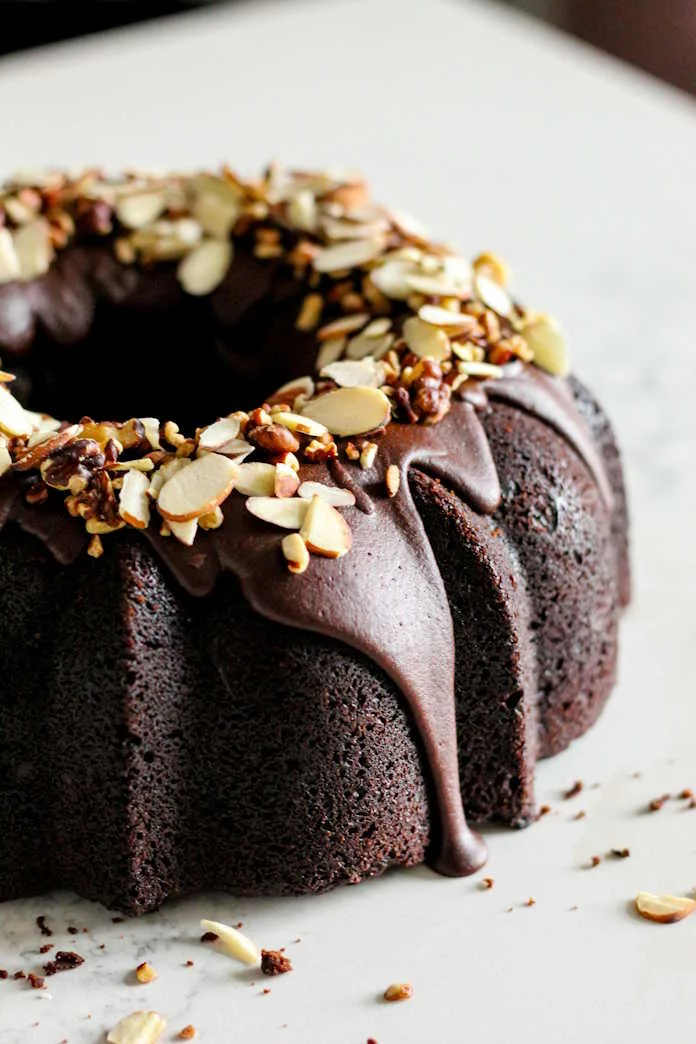 Stout, dark chocolate and almond bunt cake