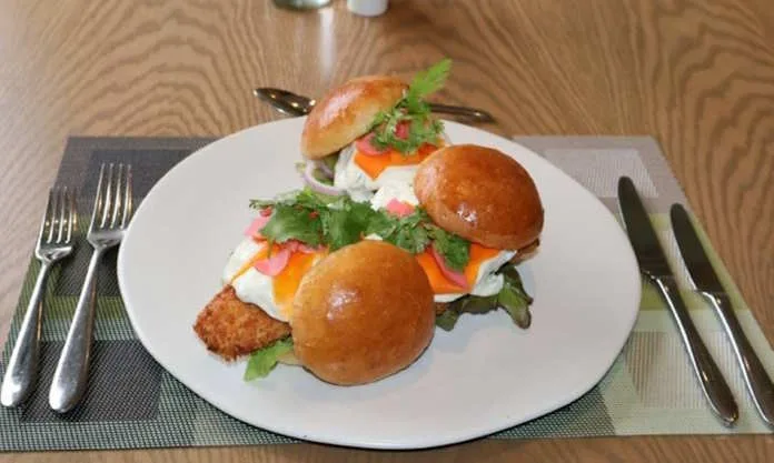 Mini Panko-Crumbed Fish Burgers with Pickled Carrot & Radish and Coriander Yoghurt