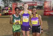 Top 3 at the Durban SPAR Women’s 10/5km Challenge Selam Gebre (Nedbank) 31:45 (second), Tayla Kavanagh (Hollywood) 31:32 (first) and Neheng Khatala (Hollywood)  (third). Photo: Rogan Ward.