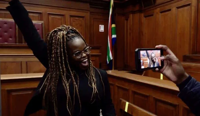 Mandisa Shandu at the High Court win after judgement passed by Judge Gamble in 2020. Image supplied by PR company for Reclaim the City