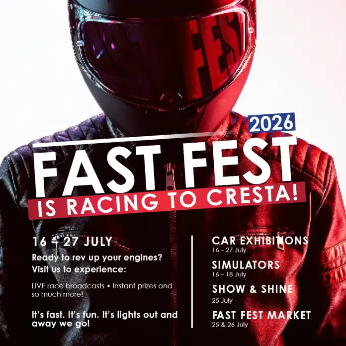Fast Fest 2026 is racing to Cresta Shopping Centre! Call-out: 16 – 27 July 2026 Fast Fest 2026 is racing to Cresta Shopping Centre! Call-out: 16 – 27 July 2026