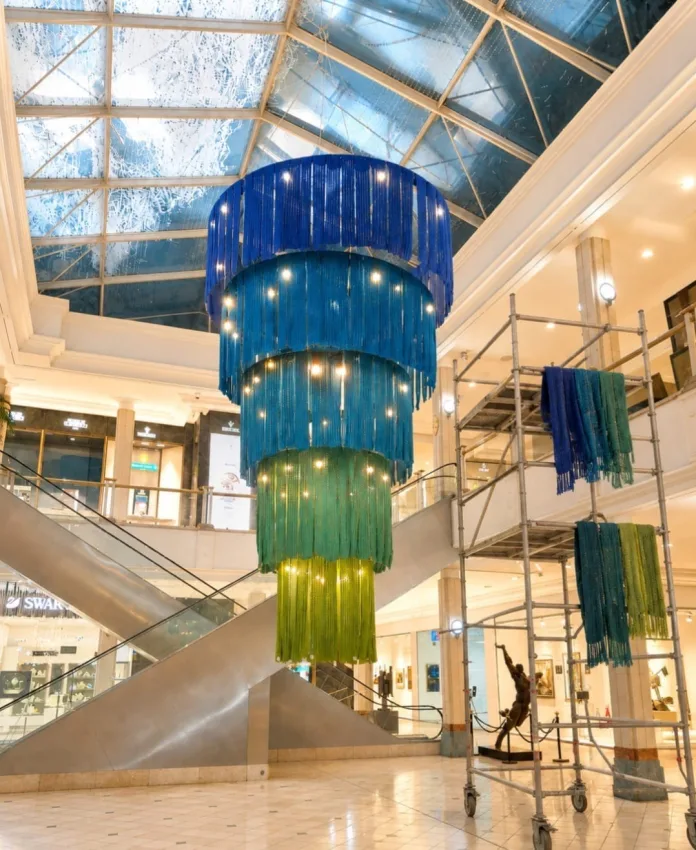 HPC-Scarf-Chandelier Hyde Park Corner unveils world’s largest handmade scarf chandelier at Yarn by Design Expo as Secret Scarves Shh... turns ten this Mandela Day