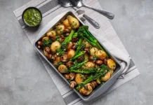 Vegetables disappear from South African plates when winter hits Tenderstem Mushroom Garlic Butter Potato Tray Bake. Image source: Supplied by PR company for Tenderstem®