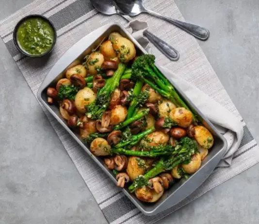 Vegetables disappear from South African plates when winter hits Tenderstem Mushroom Garlic Butter Potato Tray Bake. Image source: Supplied by PR company for Tenderstem®
