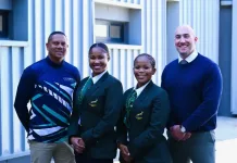 Curro Delft learners make history with inaugural SA Schools Girls rugby selection Left-to-right: Alcardo van Graan Head of Sport at Curro Delft, Inga Jim, Lethokuhle Madwayi and Ruan Beukes, Executive Head at Curro Delft. Image supplied by Curro Delft.