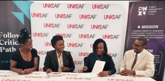 From left to right: Marketing Manager, UNICAF; Winnie Rachael, Country Manager, UNICAF; Maureen Ochang, President, PMI Kenya Chapter; and Bonface Nyagah, Deputy Director, Strategic Initiatives, PMI Kenya Chapter, during the signing of a Memorandum of Understanding between PMI Kenya Chapter and UNICAF. The partnership seeks to bridge the gap between academia and professional practice by expanding access to internationally recognized higher education while strengthening project management and leadership capabilities among African professionals. Through this collaboration, the two organizations are investing in a more skilled, future-ready workforce equipped to lead successful projects and drive sustainable transformation across the continent.