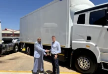 Bakers SA Limited Invests in Next-Generation Electric Fleet with 67 New Serco Bodies Abdool Tayob CEO of Bakers SA and Clinton Holcroft CEO of Serco handing over the first EV truck and body. Image supplied by PR company.